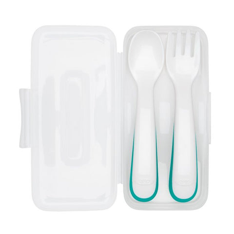 OXO TOT ON-THE-GO PLASTIC FORK & SPOON SET WITH TRAVEL CASE - TEAL